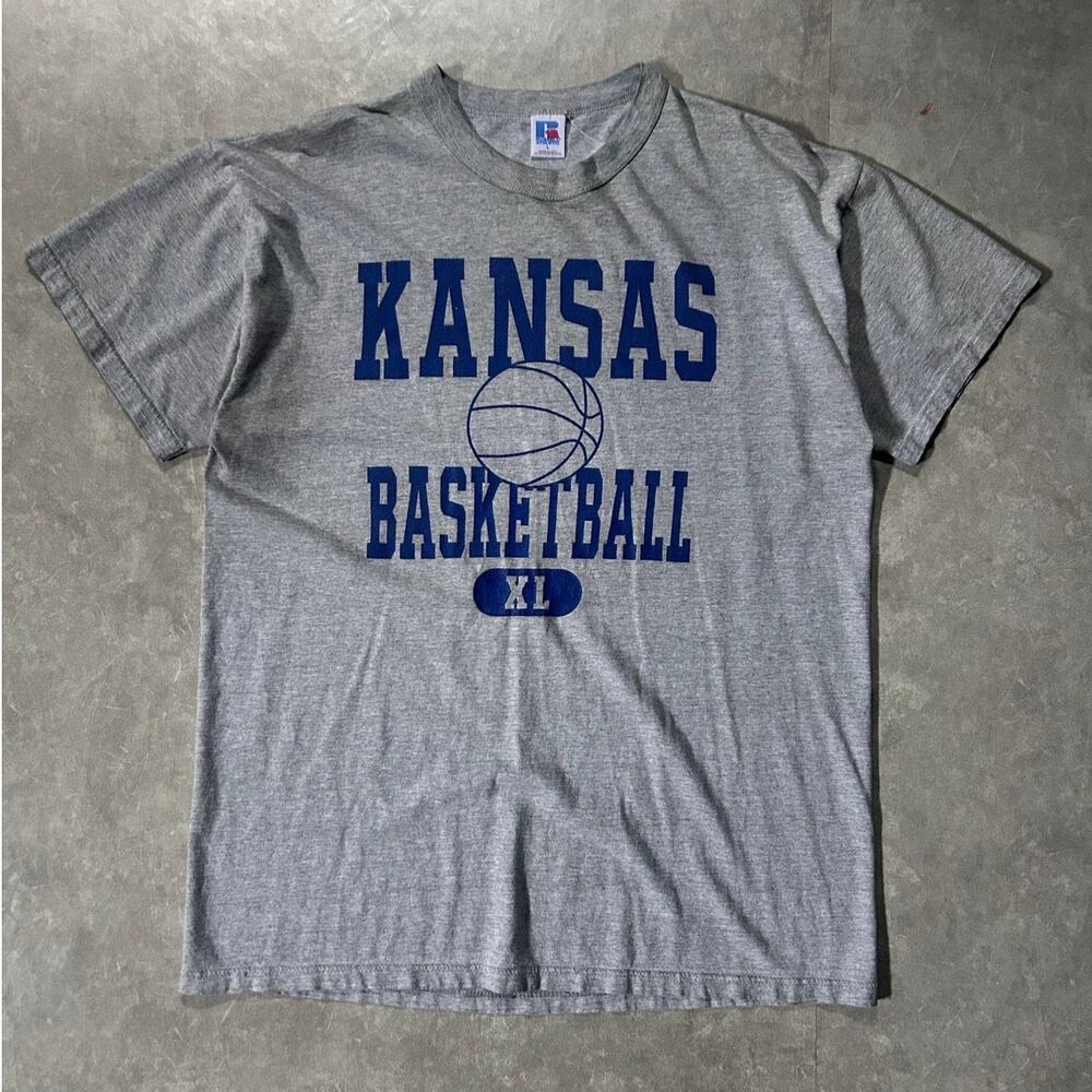 90's Vintage Kansas Jayhawk Basketball Russell Grey T-Shirt -L